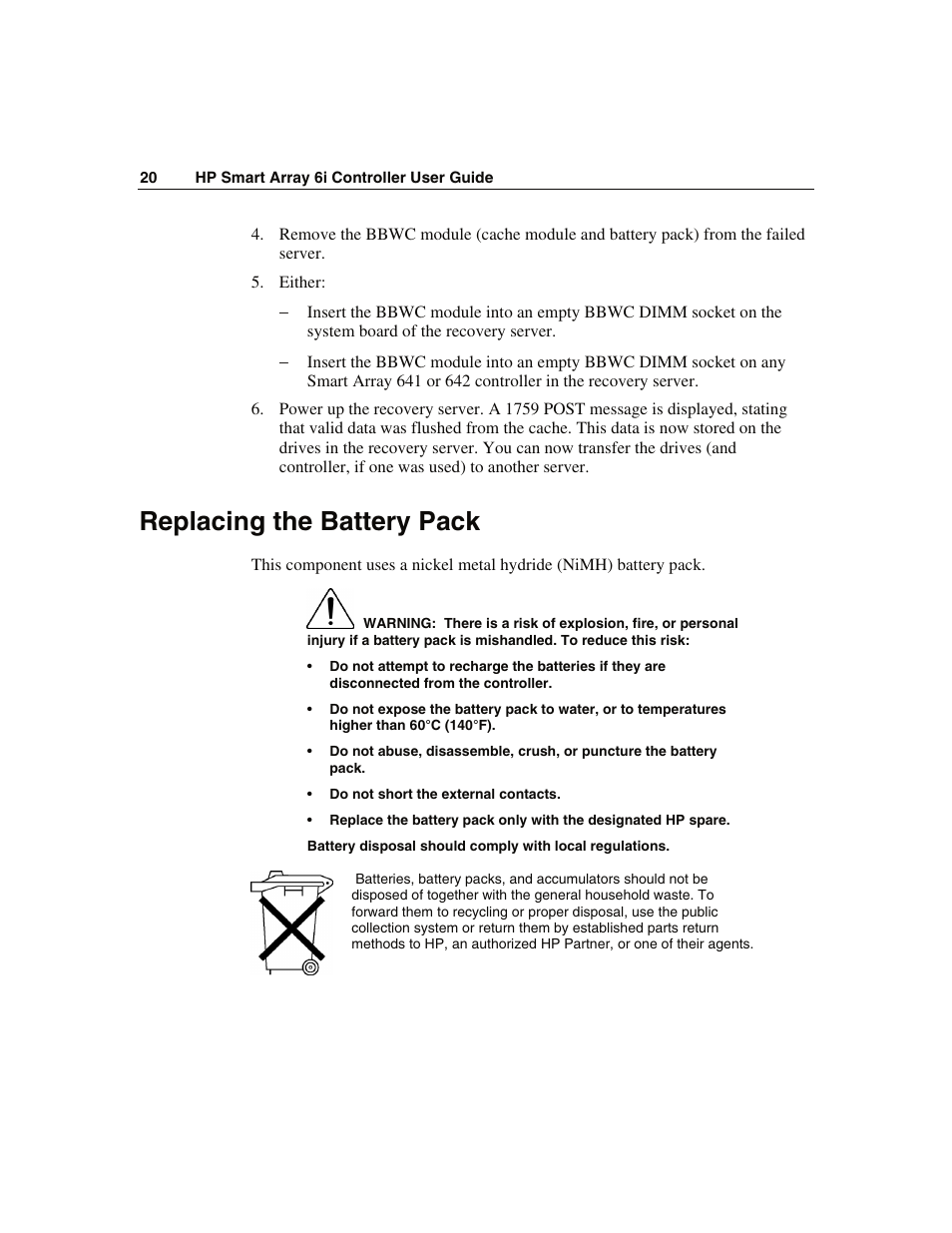 Replacing the battery pack | HP Smart Array 6i Controller and 128MB BBWC User Manual | Page 20 / 56