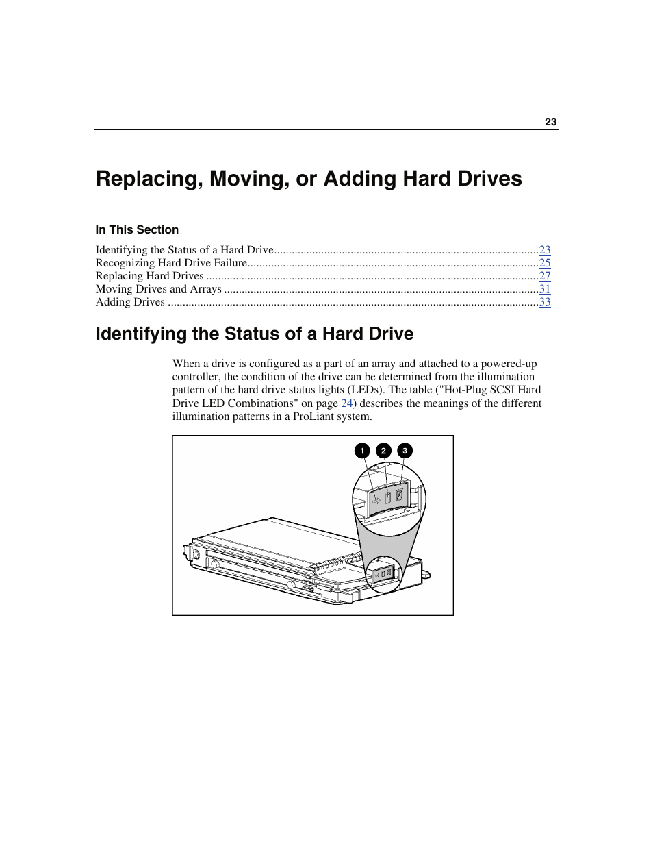 Replacing, moving, or adding hard drives, Identifying the status of a hard drive | HP Smart Array 6i Controller and 128MB BBWC User Manual | Page 23 / 56