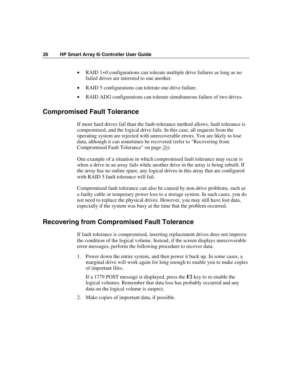 Compromised fault tolerance, Recovering from compromised fault tolerance | HP Smart Array 6i Controller and 128MB BBWC User Manual | Page 26 / 56