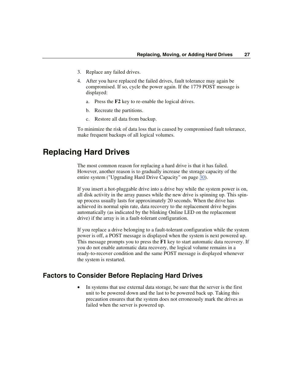 Replacing hard drives, Factors to consider before replacing hard drives | HP Smart Array 6i Controller and 128MB BBWC User Manual | Page 27 / 56