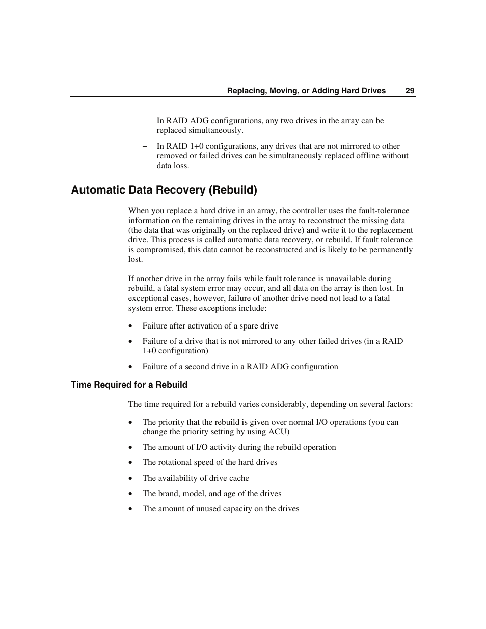 Automatic data recovery (rebuild), Time required for a rebuild | HP Smart Array 6i Controller and 128MB BBWC User Manual | Page 29 / 56