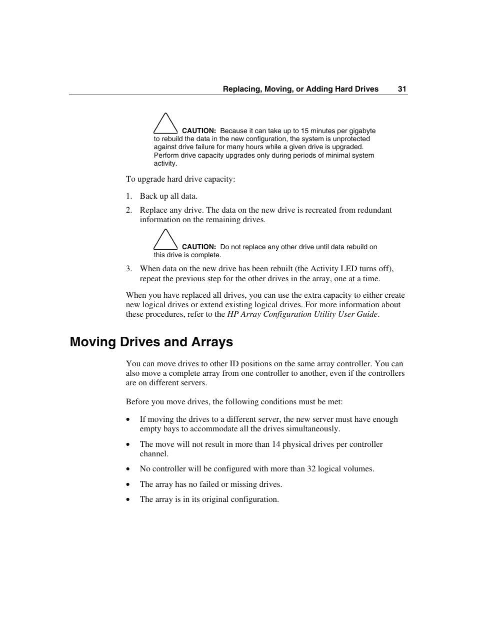 Moving drives and arrays | HP Smart Array 6i Controller and 128MB BBWC User Manual | Page 31 / 56