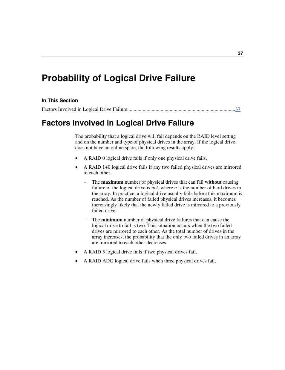 Probability of logical drive failure, Factors involved in logical drive failure | HP Smart Array 6i Controller and 128MB BBWC User Manual | Page 37 / 56