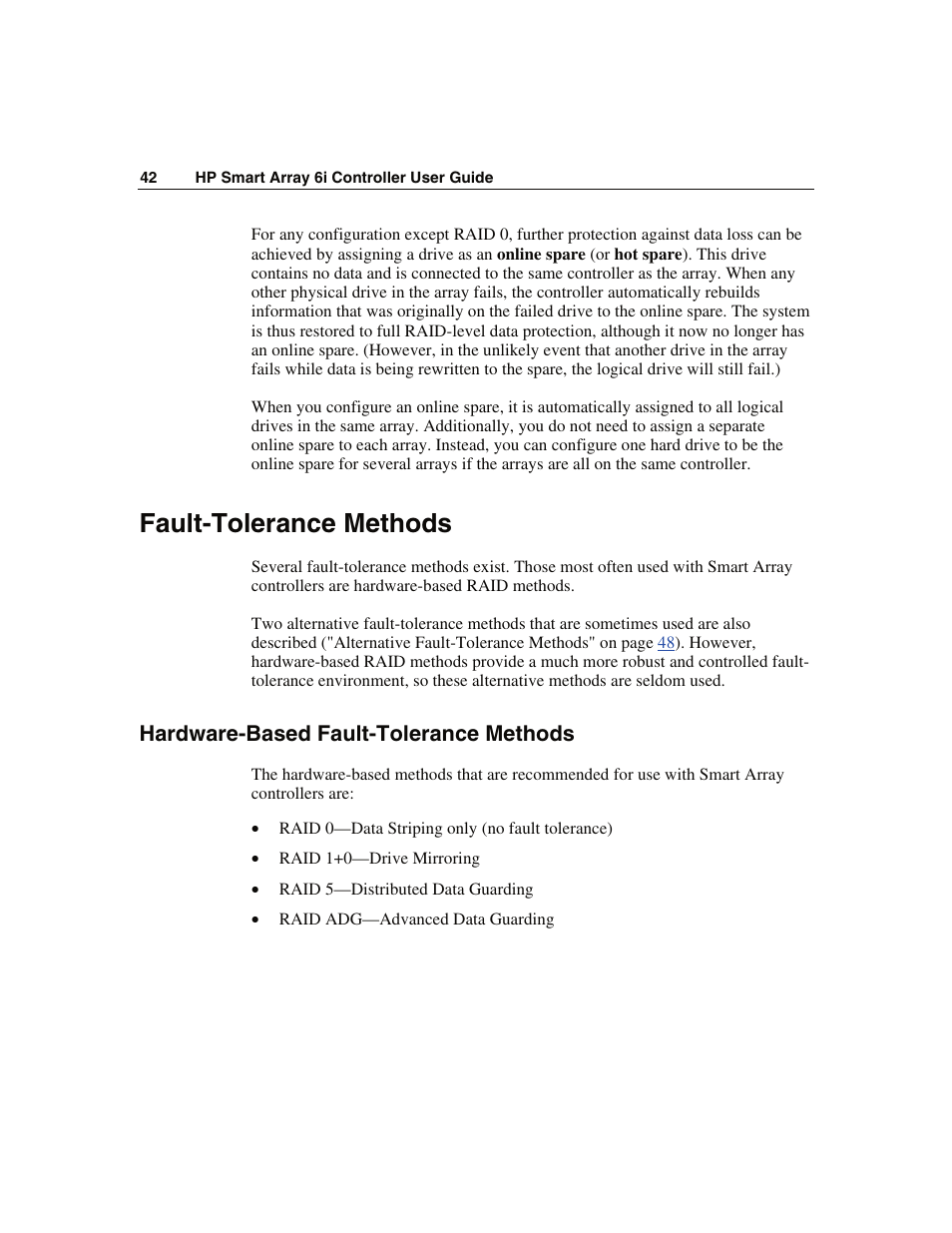 Fault-tolerance methods, Hardware-based fault-tolerance methods | HP Smart Array 6i Controller and 128MB BBWC User Manual | Page 42 / 56