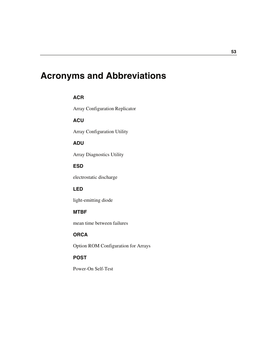 Acronyms and abbreviations | HP Smart Array 6i Controller and 128MB BBWC User Manual | Page 53 / 56