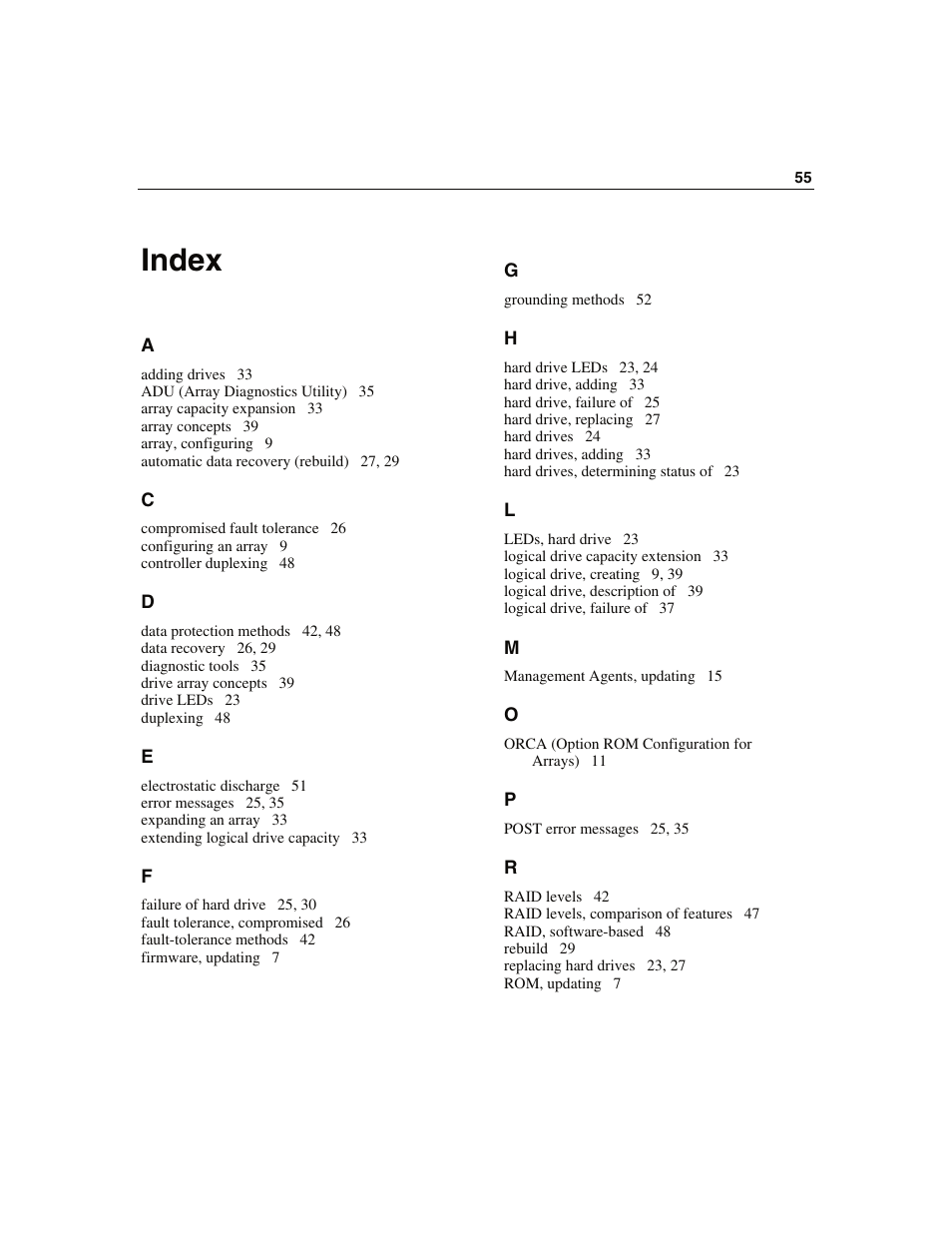 Index | HP Smart Array 6i Controller and 128MB BBWC User Manual | Page 55 / 56