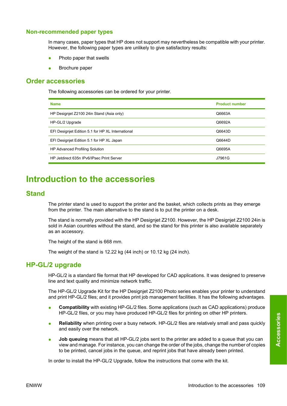 Non-recommended paper types, Order accessories, Introduction to the accessories | Stand, Hp-gl/2 upgrade, Stand hp-gl/2 upgrade, Accessories | HP Designjet Z2100 Photo Printer series User Manual | Page 119 / 182