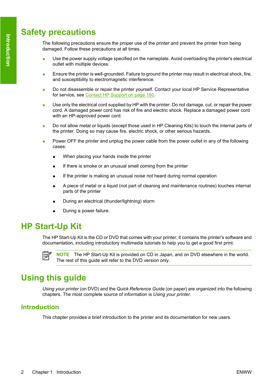 Safety precautions, Hp start-up kit, Using this guide | Introduction | HP Designjet Z2100 Photo Printer series User Manual | Page 12 / 182