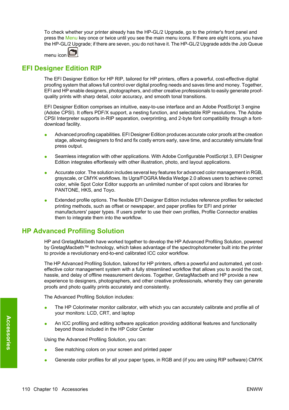 Efi designer edition rip, Hp advanced profiling solution | HP Designjet Z2100 Photo Printer series User Manual | Page 120 / 182