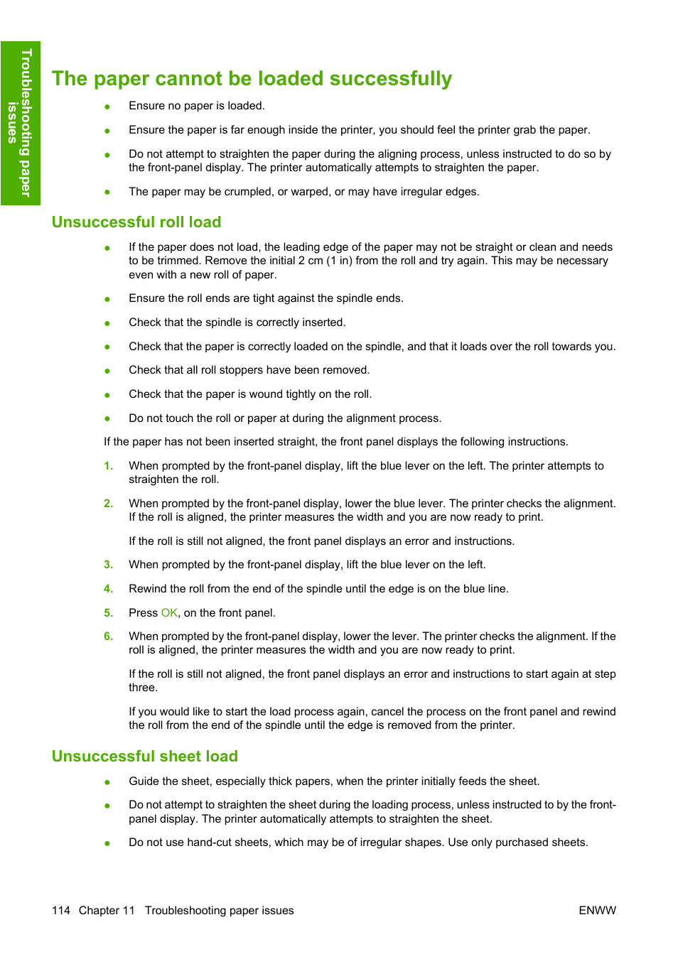 The paper cannot be loaded successfully, Unsuccessful roll load, Unsuccessful sheet load | Unsuccessful roll load unsuccessful sheet load | HP Designjet Z2100 Photo Printer series User Manual | Page 124 / 182