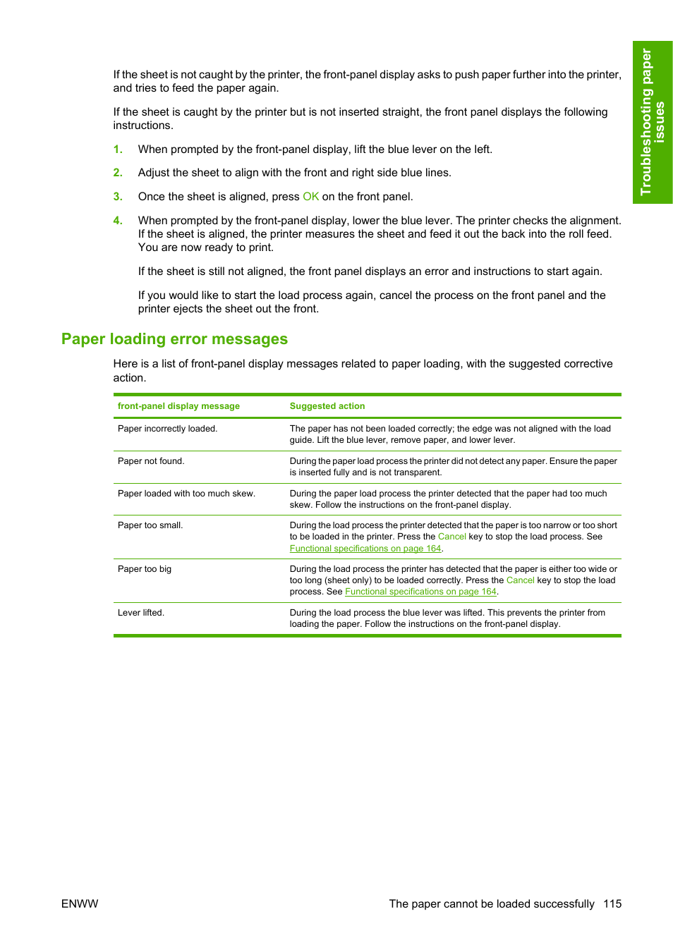 Paper loading error messages, Troubleshooting paper issues | HP Designjet Z2100 Photo Printer series User Manual | Page 125 / 182