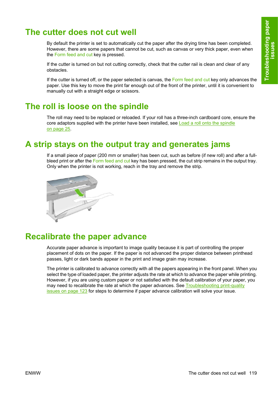 The cutter does not cut well, The roll is loose on the spindle, Recalibrate the paper advance | HP Designjet Z2100 Photo Printer series User Manual | Page 129 / 182