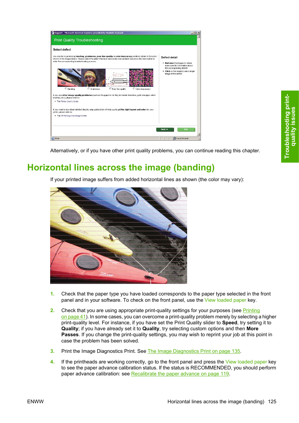 Horizontal lines across the image (banding) | HP Designjet Z2100 Photo Printer series User Manual | Page 135 / 182