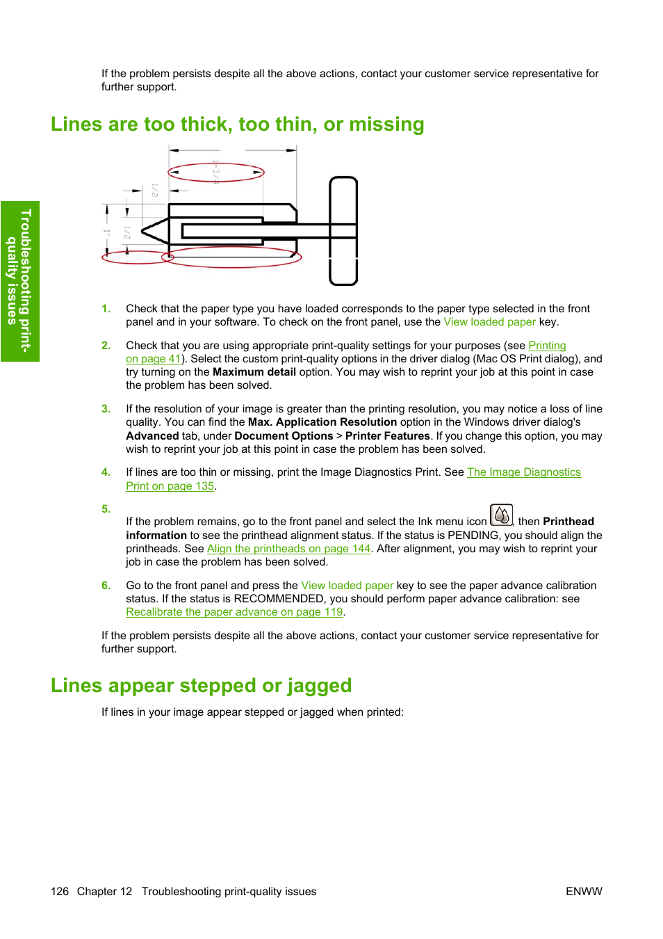 Lines are too thick, too thin, or missing, Lines appear stepped or jagged | HP Designjet Z2100 Photo Printer series User Manual | Page 136 / 182