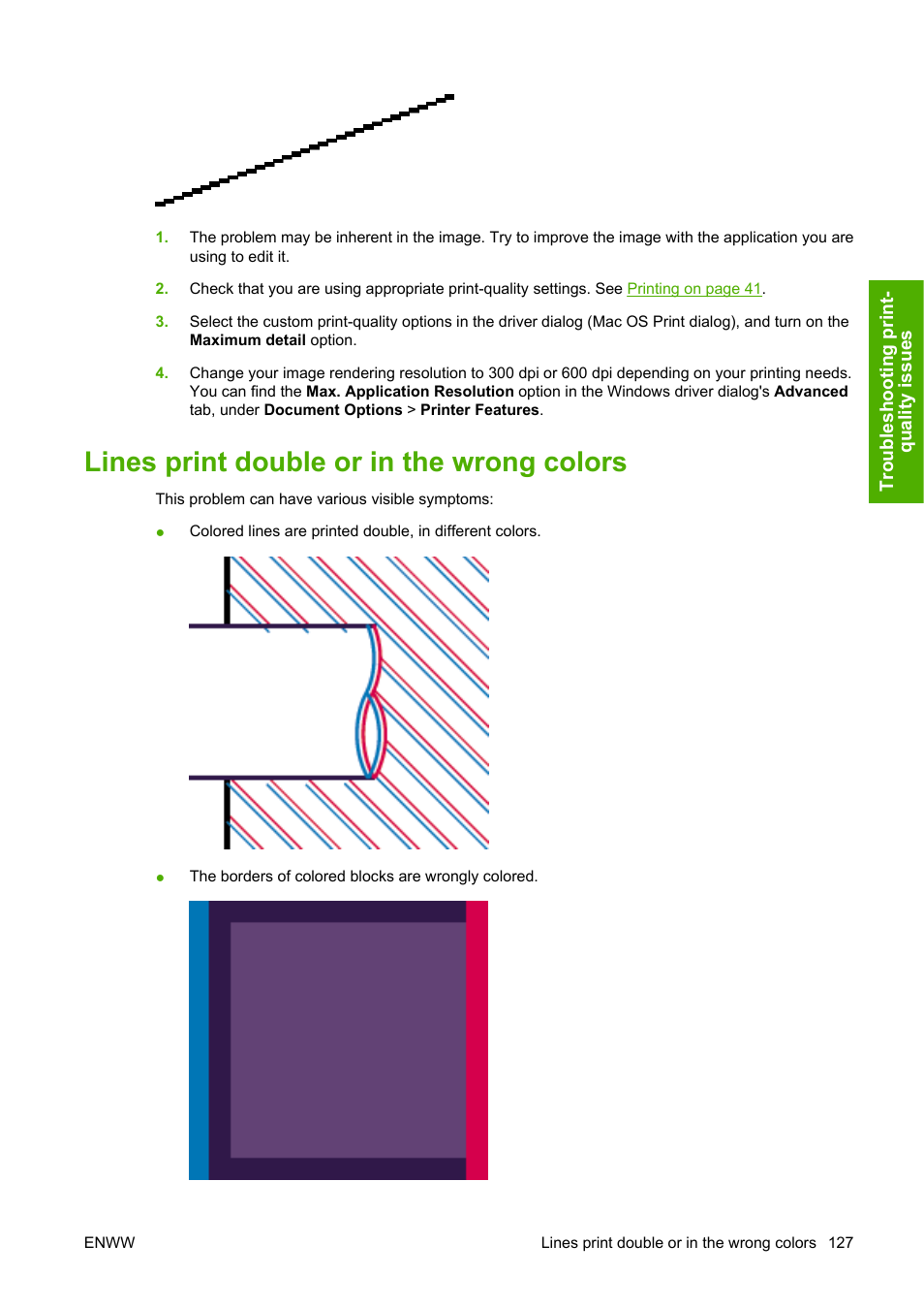 Lines print double or in the wrong colors | HP Designjet Z2100 Photo Printer series User Manual | Page 137 / 182