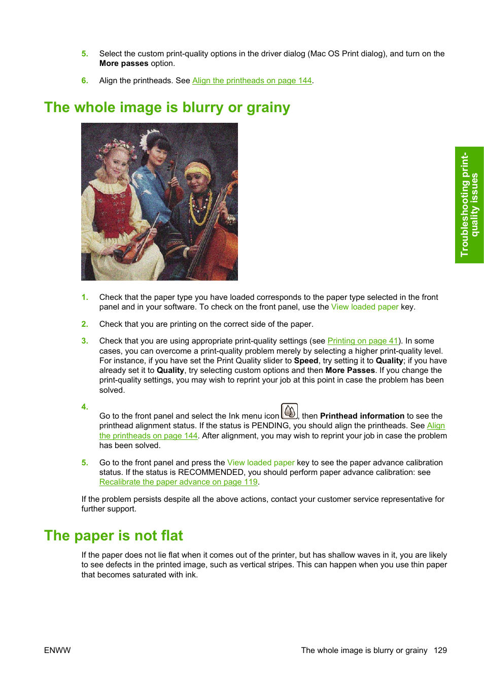 The whole image is blurry or grainy, The paper is not flat | HP Designjet Z2100 Photo Printer series User Manual | Page 139 / 182