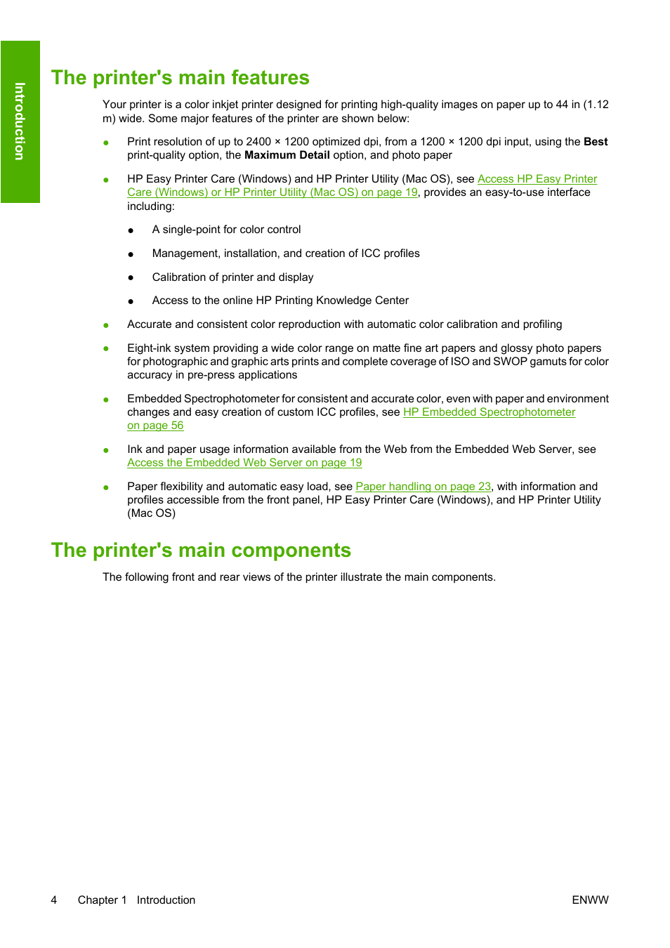 The printer's main features, The printer's main components | HP Designjet Z2100 Photo Printer series User Manual | Page 14 / 182