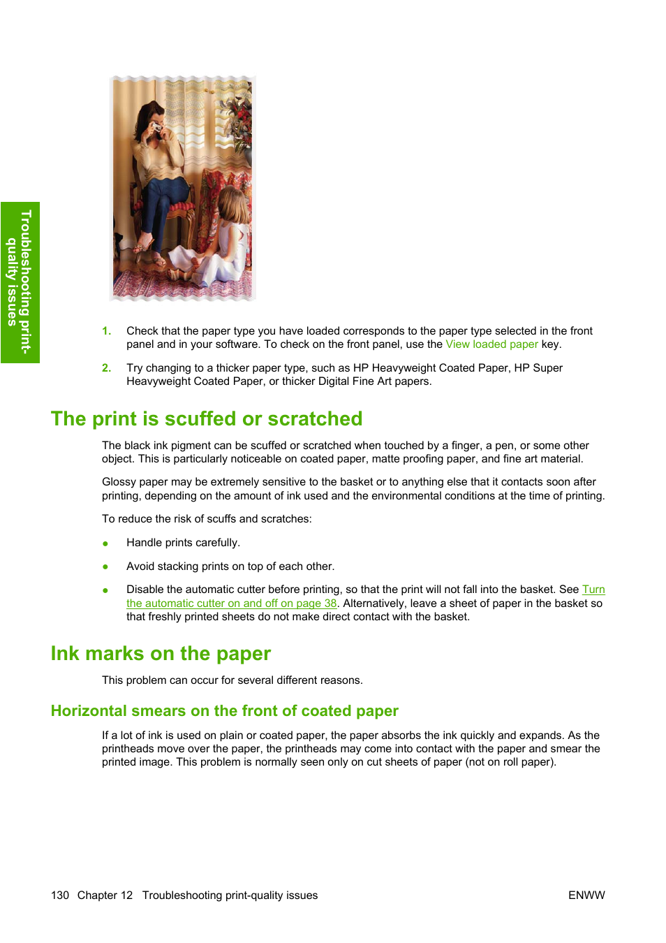 The print is scuffed or scratched, Ink marks on the paper, Horizontal smears on the front of coated paper | The print is scuffed or | HP Designjet Z2100 Photo Printer series User Manual | Page 140 / 182