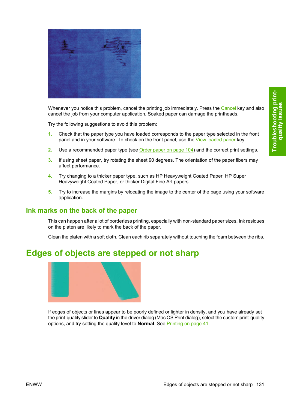 Ink marks on the back of the paper, Edges of objects are stepped or not sharp | HP Designjet Z2100 Photo Printer series User Manual | Page 141 / 182