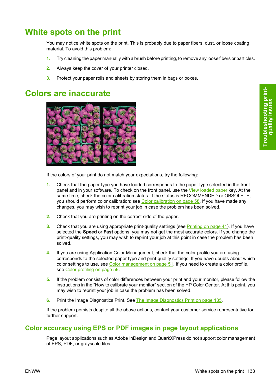 White spots on the print, Colors are inaccurate, White spots on the print colors are inaccurate | HP Designjet Z2100 Photo Printer series User Manual | Page 143 / 182