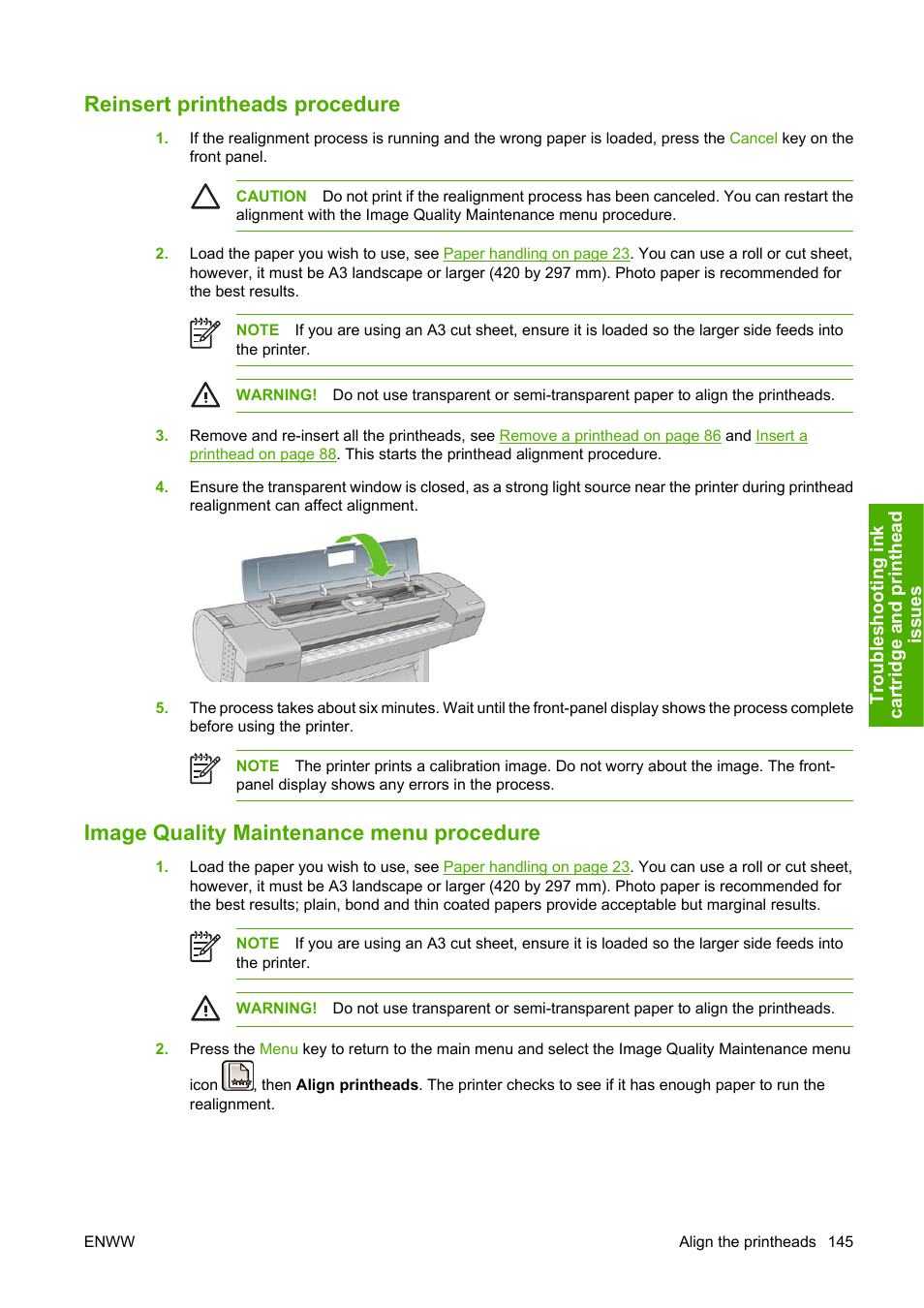 Reinsert printheads procedure, Image quality maintenance menu procedure | HP Designjet Z2100 Photo Printer series User Manual | Page 155 / 182