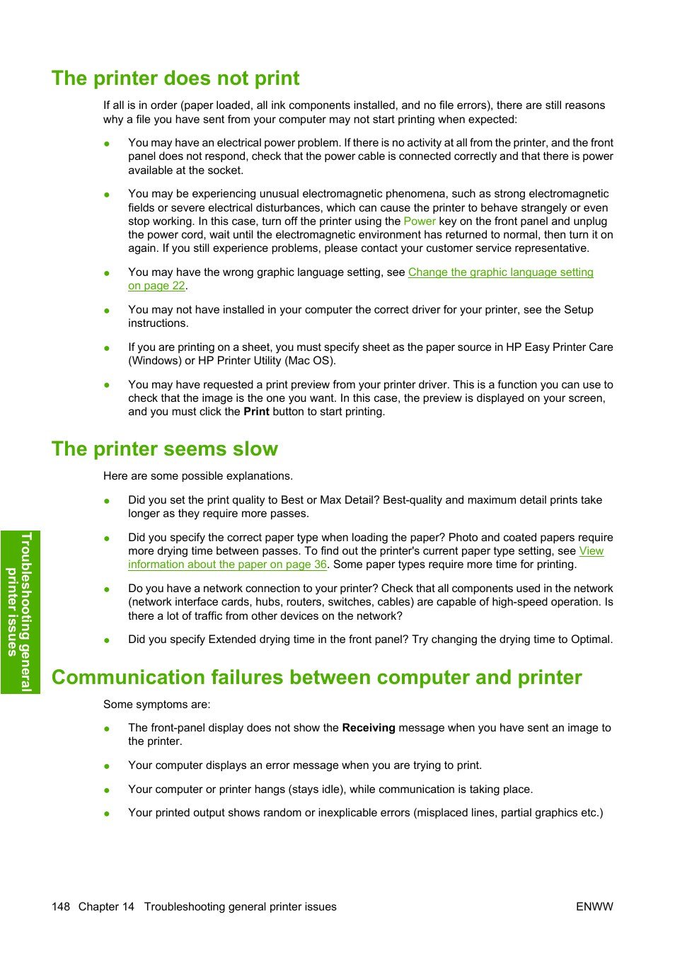 The printer does not print, The printer seems slow | HP Designjet Z2100 Photo Printer series User Manual | Page 158 / 182
