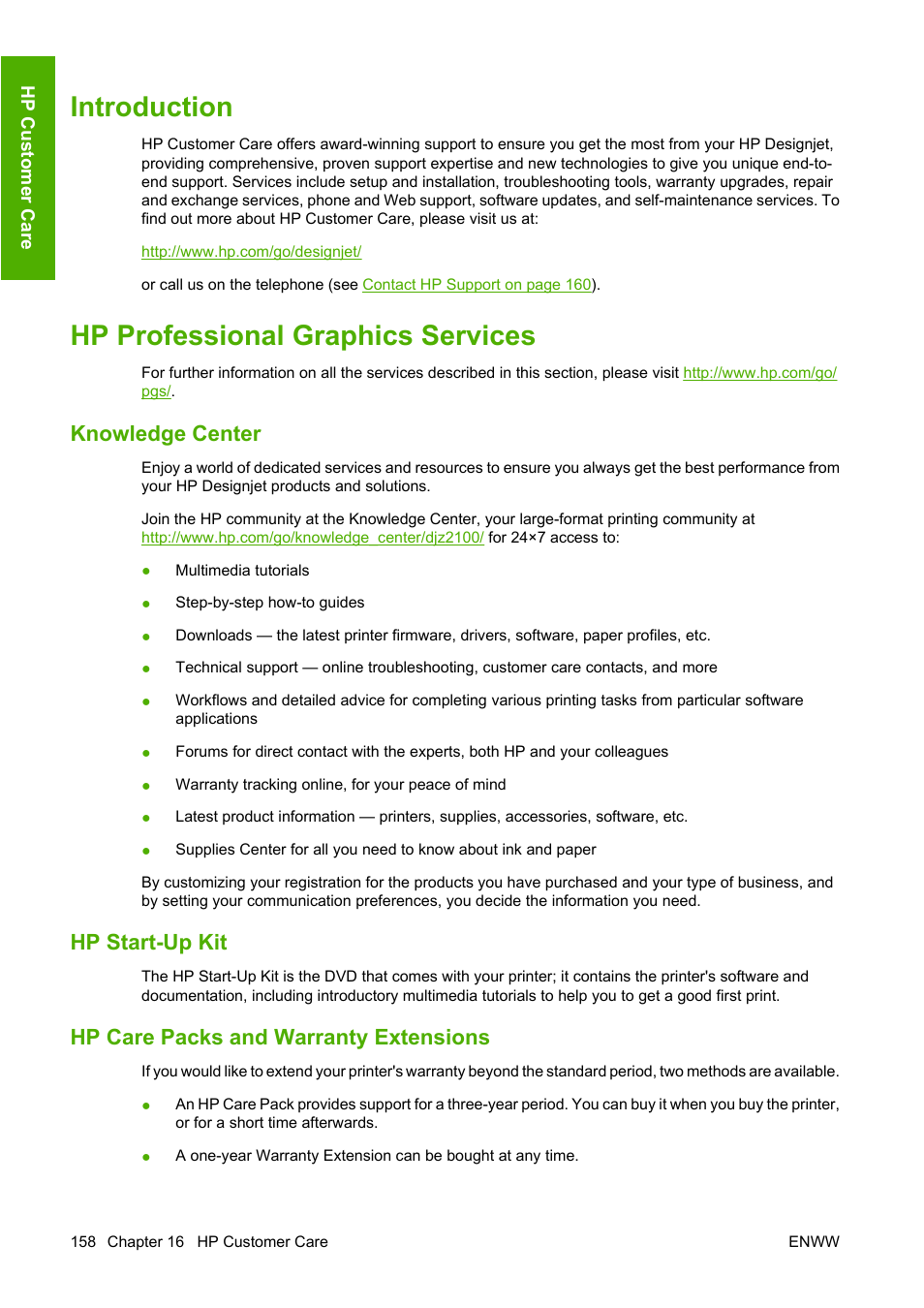 Introduction, Hp professional graphics services, Knowledge center | Hp start-up kit, Hp care packs and warranty extensions, Introduction hp professional graphics services | HP Designjet Z2100 Photo Printer series User Manual | Page 168 / 182