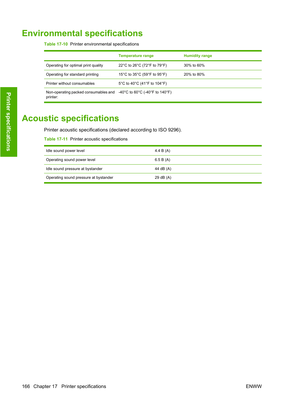 Environmental specifications, Acoustic specifications, Prin ter sp ecificatio ns | HP Designjet Z2100 Photo Printer series User Manual | Page 176 / 182