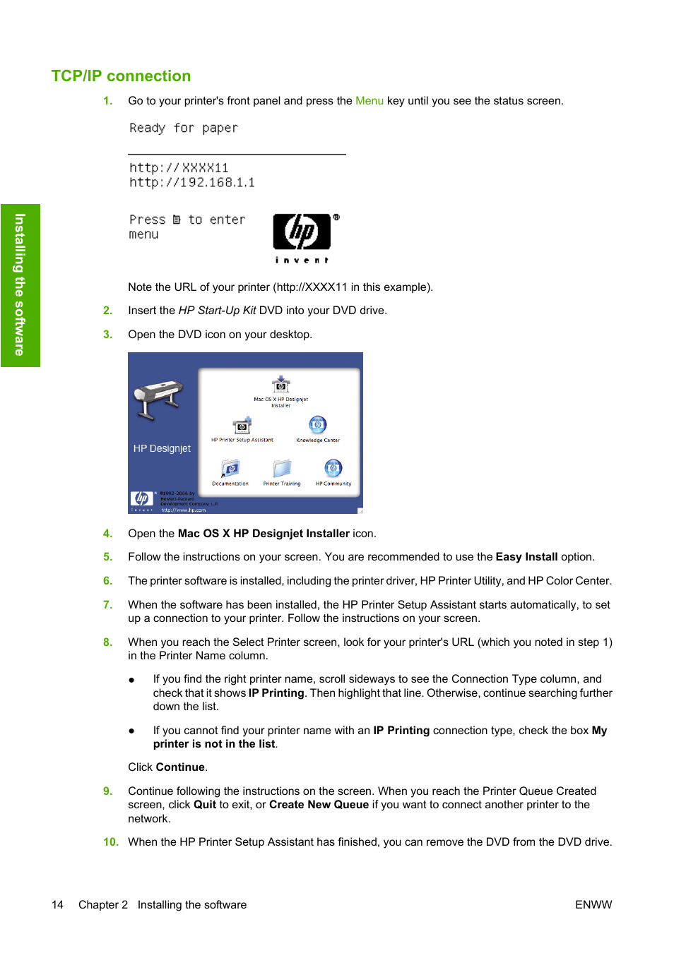 Tcp/ip connection | HP Designjet Z2100 Photo Printer series User Manual | Page 24 / 182