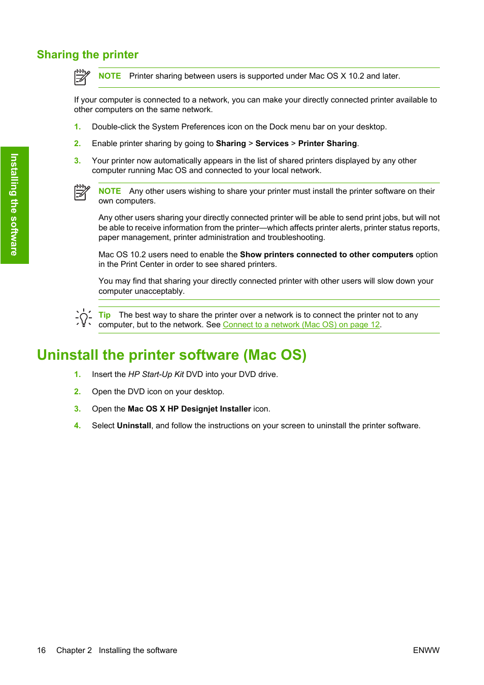 Sharing the printer, Uninstall the printer software (mac os) | HP Designjet Z2100 Photo Printer series User Manual | Page 26 / 182