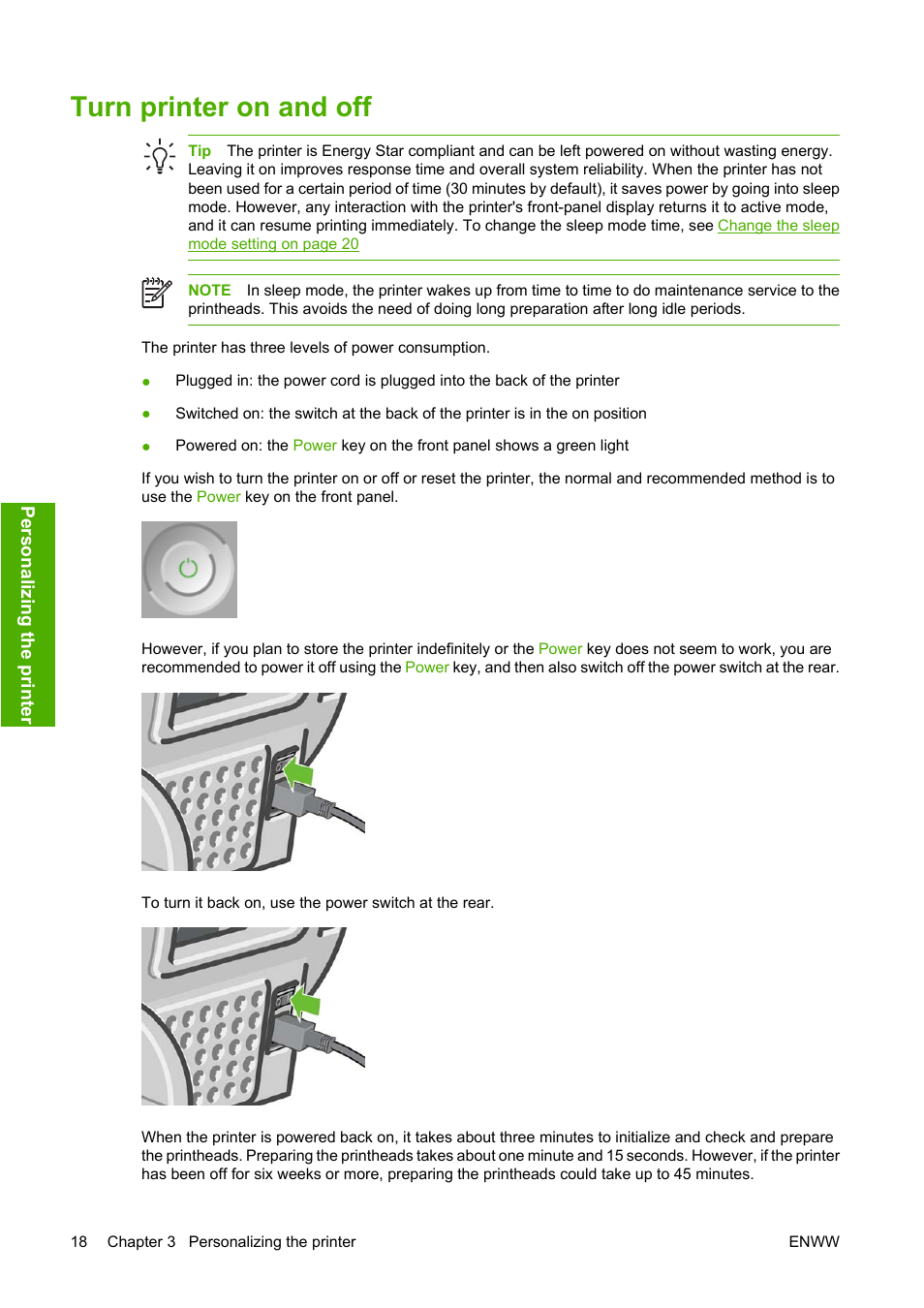 Turn printer on and off | HP Designjet Z2100 Photo Printer series User Manual | Page 28 / 182