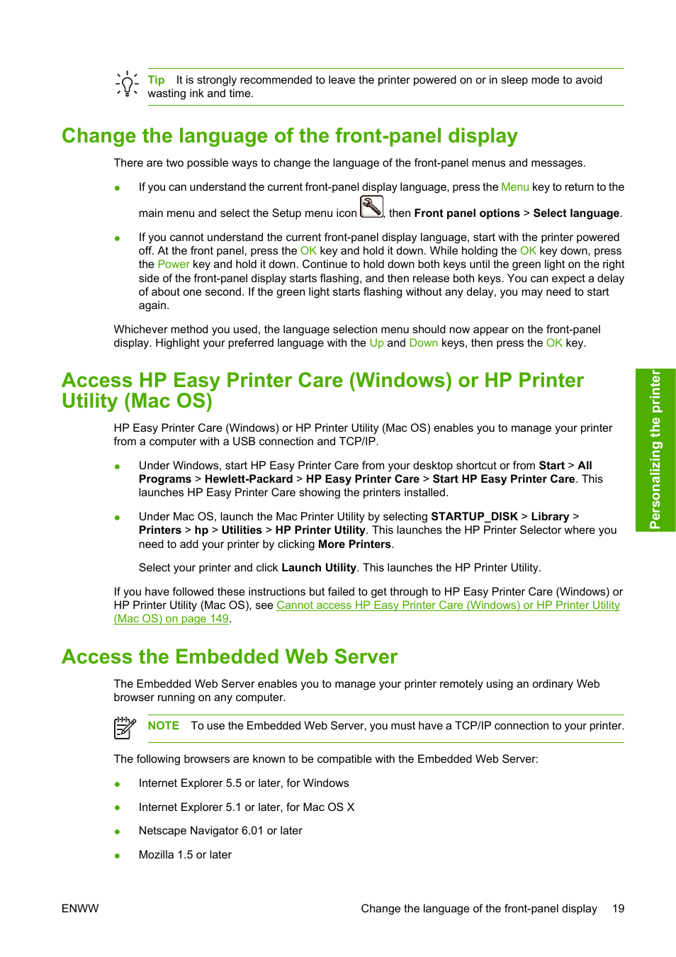 Change the language of the front-panel display, Access the embedded web server, Mac os), see | Access hp easy printer, Inter utility (mac os), see, Access | HP Designjet Z2100 Photo Printer series User Manual | Page 29 / 182