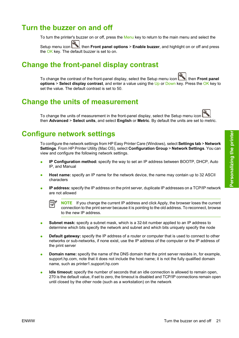 Turn the buzzer on and off, Change the front-panel display contrast, Change the units of measurement | Configure network settings | HP Designjet Z2100 Photo Printer series User Manual | Page 31 / 182