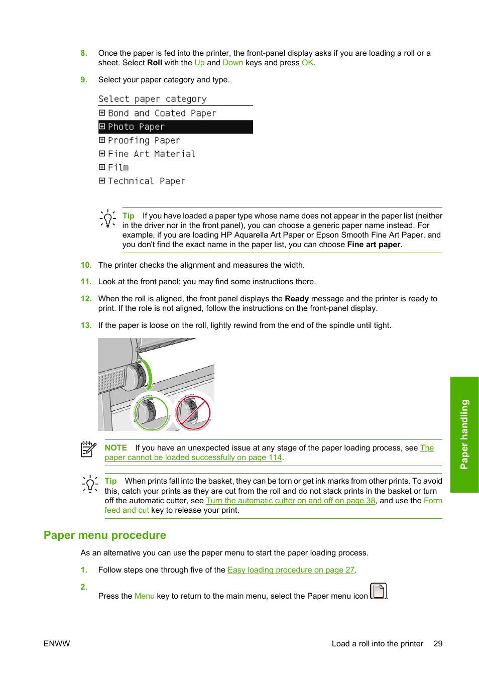 Paper menu procedure | HP Designjet Z2100 Photo Printer series User Manual | Page 39 / 182