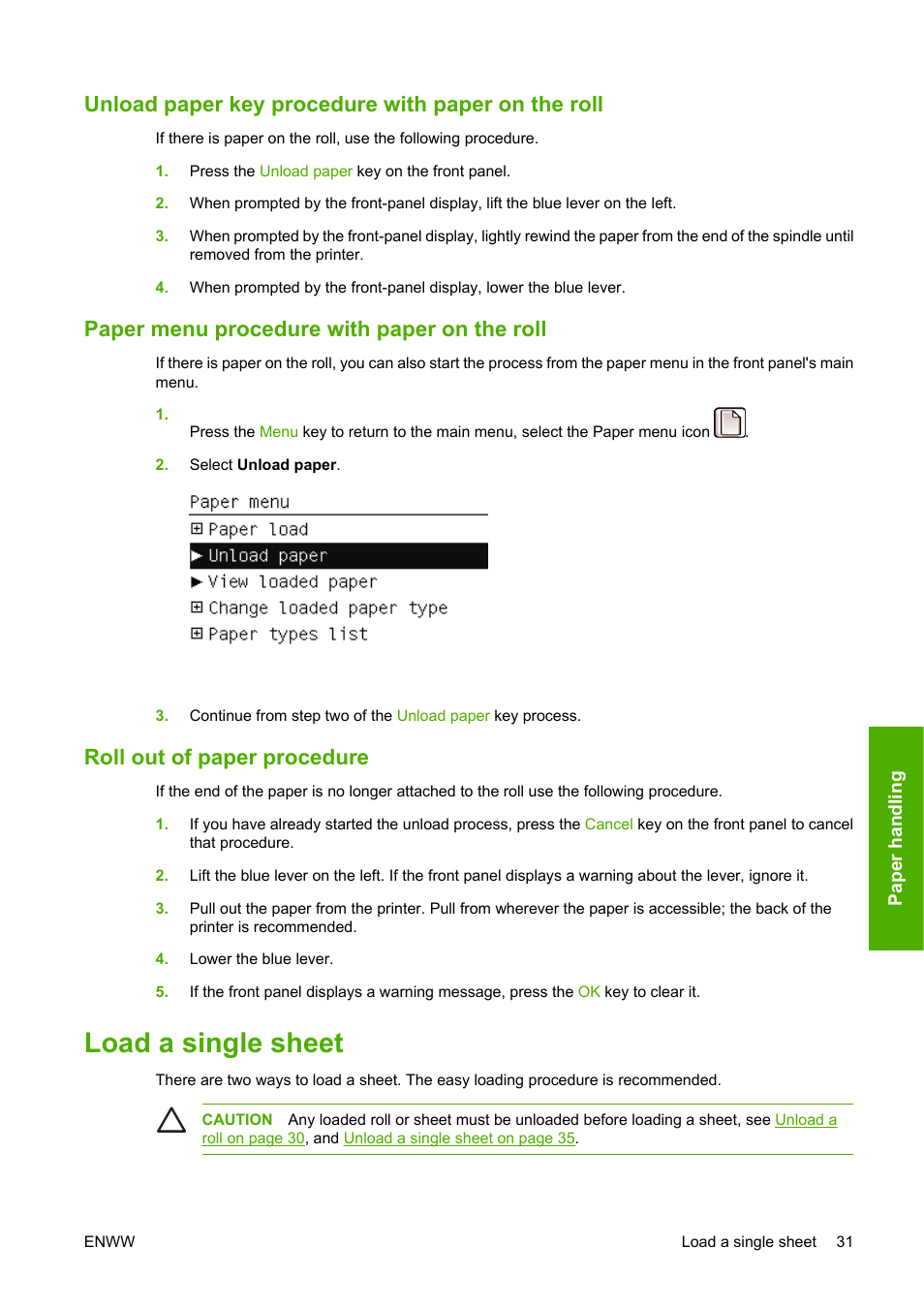 Unload paper key procedure with paper on the roll, Paper menu procedure with paper on the roll, Roll out of paper procedure | Load a single sheet | HP Designjet Z2100 Photo Printer series User Manual | Page 41 / 182