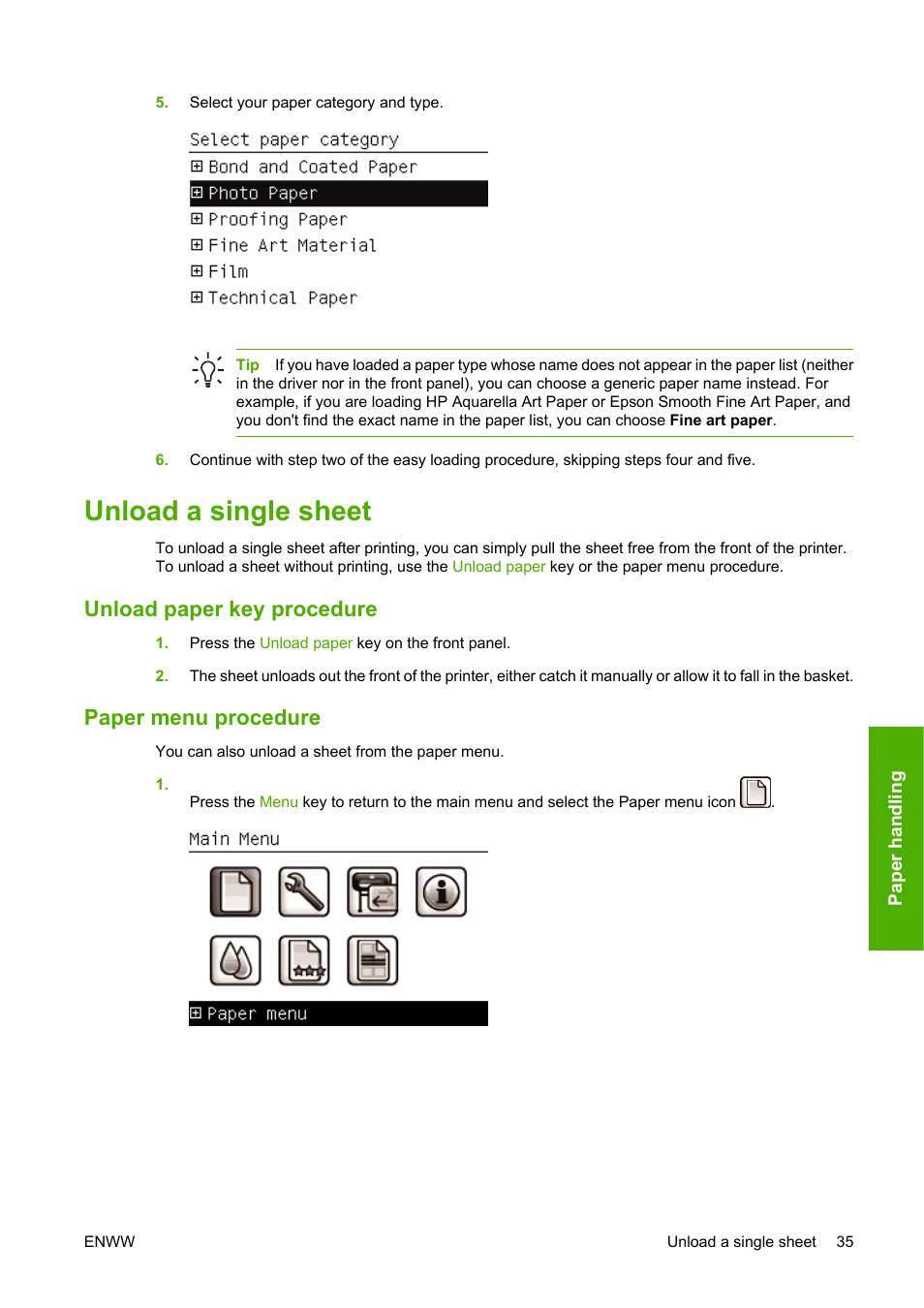 Unload a single sheet, Unload paper key procedure, Paper menu procedure | Unload paper key procedure paper menu procedure | HP Designjet Z2100 Photo Printer series User Manual | Page 45 / 182