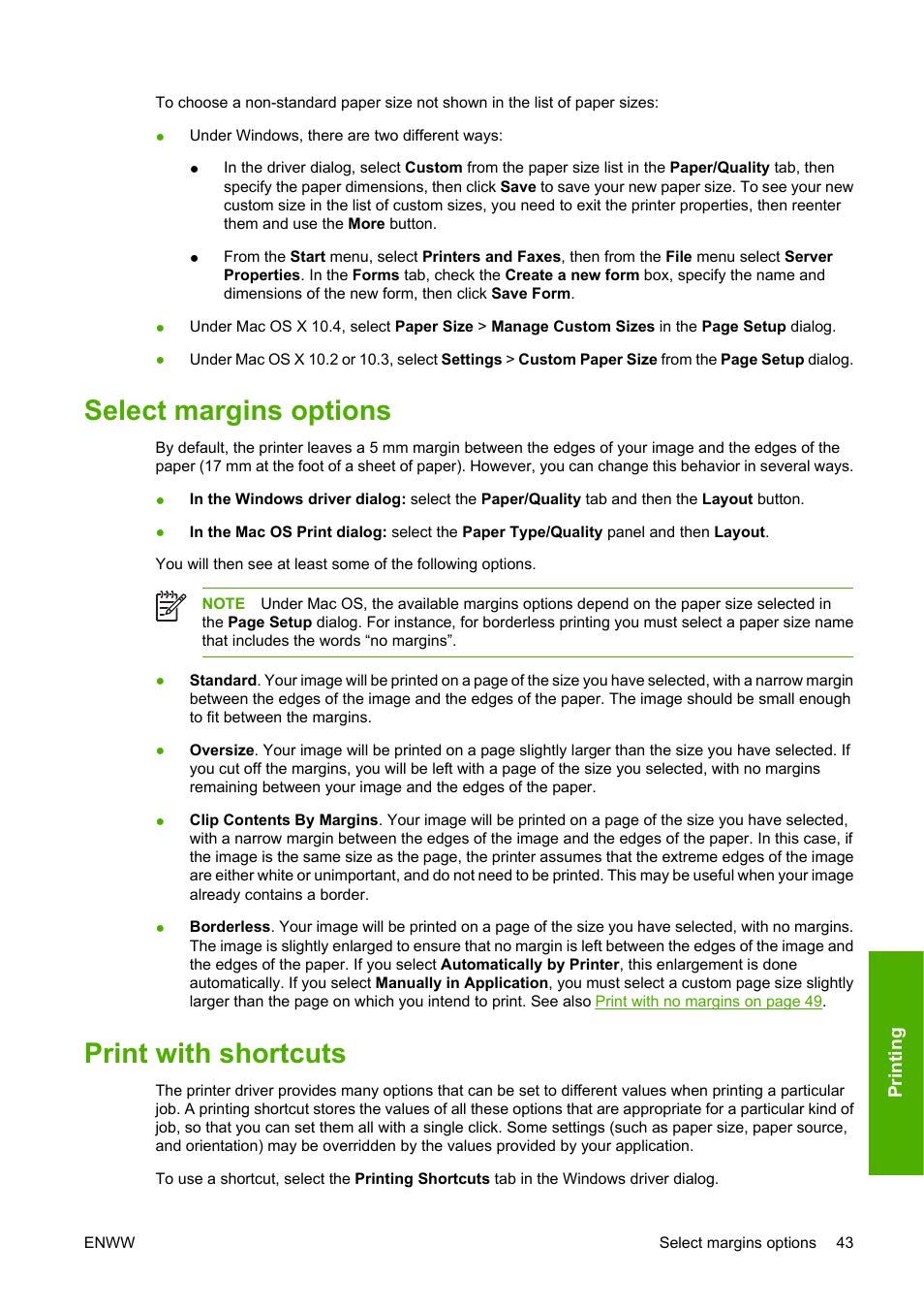 Select margins options, Print with shortcuts, Select margins options print with shortcuts | HP Designjet Z2100 Photo Printer series User Manual | Page 53 / 182