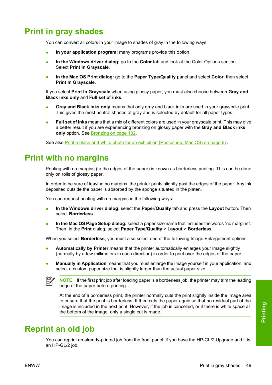 Print in gray shades, Print with no margins, Reprint an old job | HP Designjet Z2100 Photo Printer series User Manual | Page 59 / 182