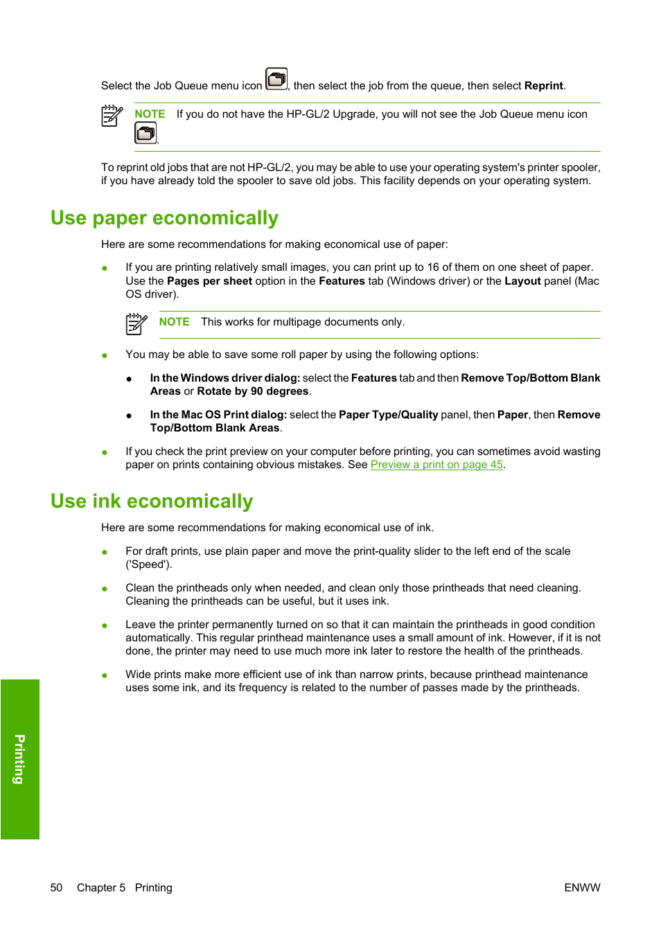 Use paper economically, Use ink economically, Use paper economically use ink economically | HP Designjet Z2100 Photo Printer series User Manual | Page 60 / 182