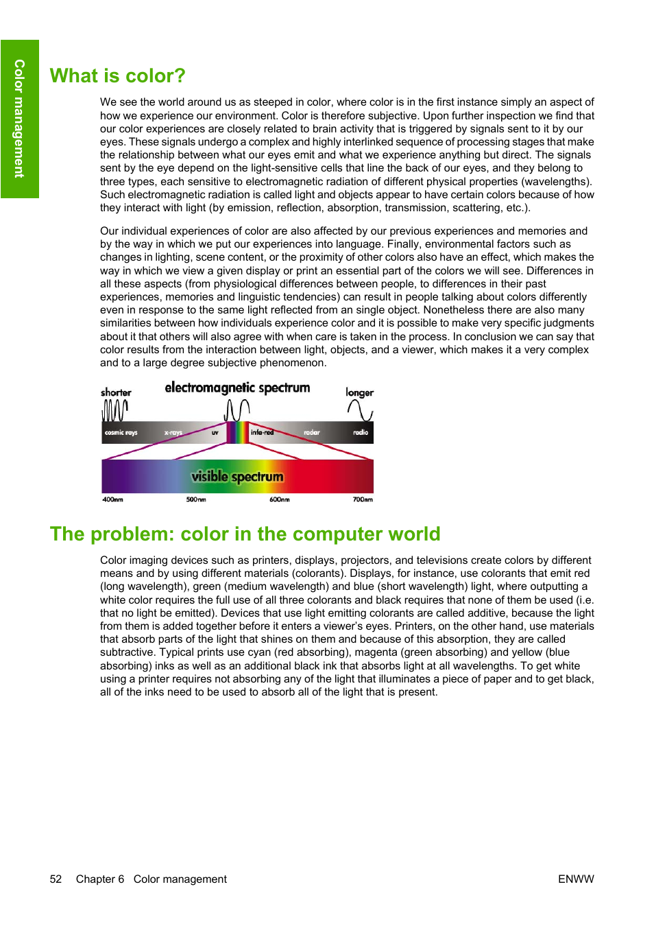What is color, The problem: color in the computer world | HP Designjet Z2100 Photo Printer series User Manual | Page 62 / 182