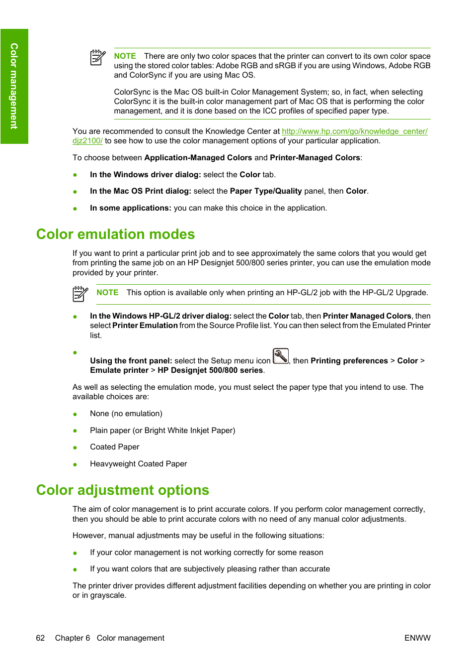 Color emulation modes, Color adjustment options, Color emulation modes color adjustment options | HP Designjet Z2100 Photo Printer series User Manual | Page 72 / 182