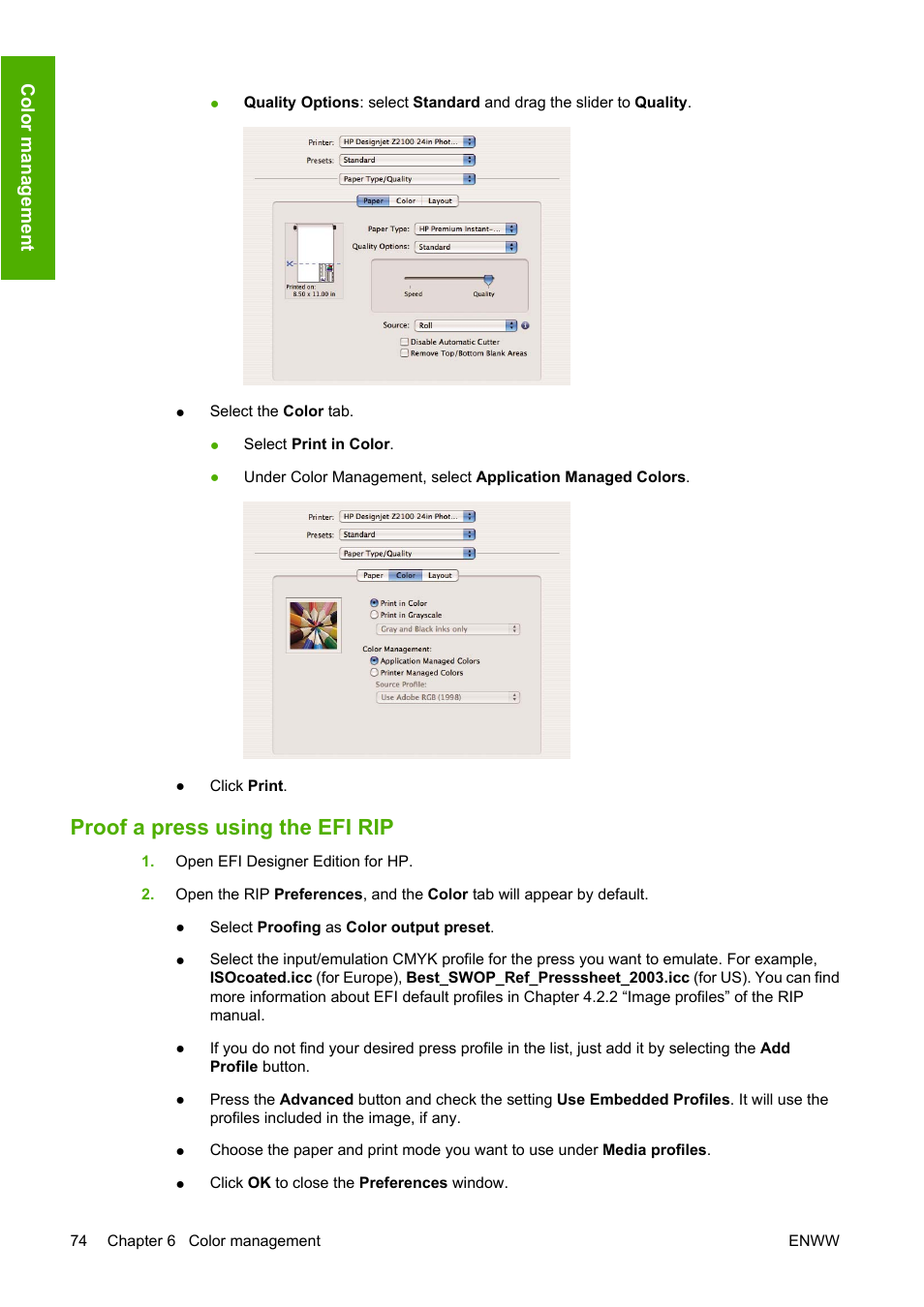 Proof a press using the efi rip | HP Designjet Z2100 Photo Printer series User Manual | Page 84 / 182