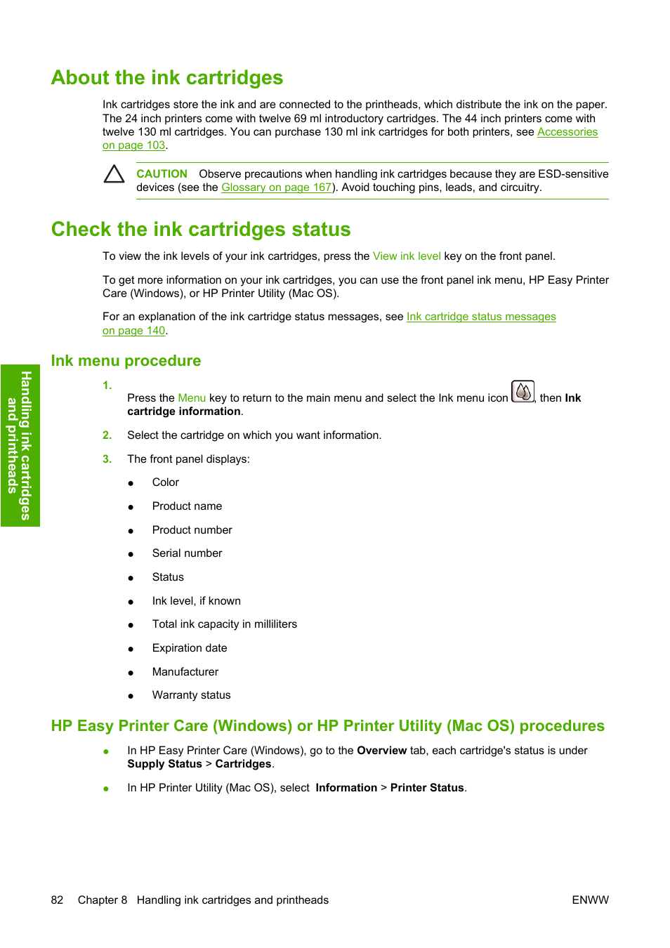 About the ink cartridges, Check the ink cartridges status, Ink menu procedure | HP Designjet Z2100 Photo Printer series User Manual | Page 92 / 182