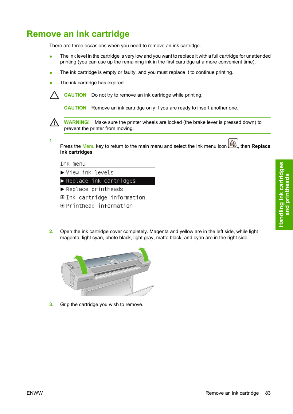 Remove an ink cartridge | HP Designjet Z2100 Photo Printer series User Manual | Page 93 / 182