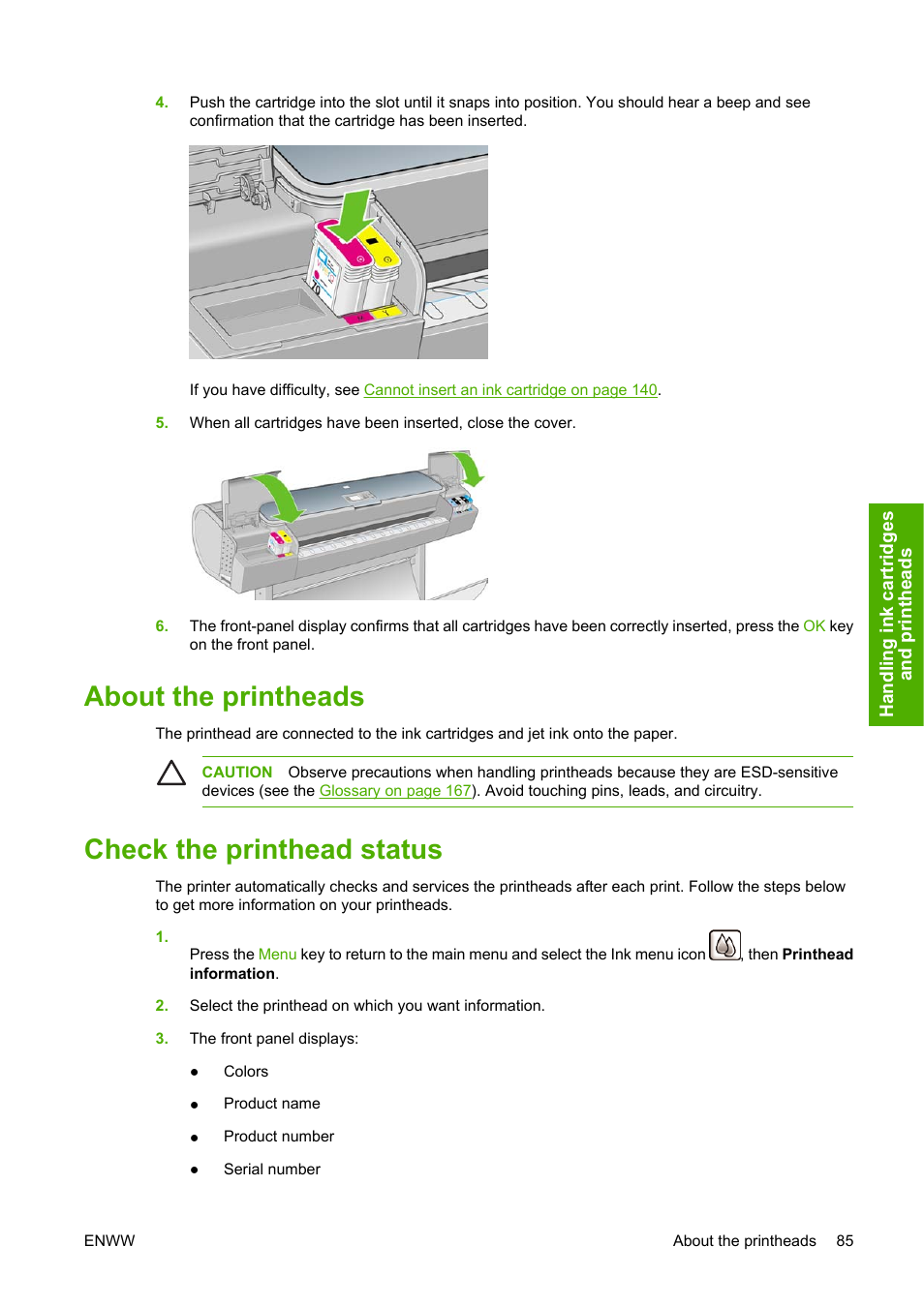 About the printheads, Check the printhead status, About the printheads check the printhead status | HP Designjet Z2100 Photo Printer series User Manual | Page 95 / 182