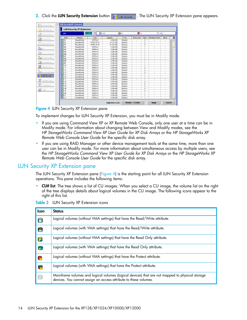 Figure 4 lun security xp extension pane, Lun security xp extension pane, Table 3 lun security xp extension icons | 4 lun security xp extension pane, 3 lun security xp extension icons | HP StorageWorks XP Remote Web Console Software User Manual | Page 14 / 28