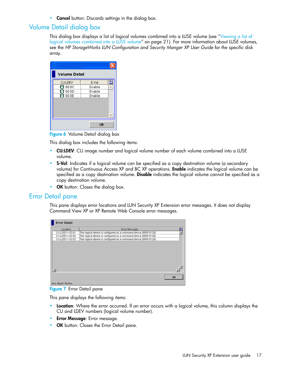 Volume detail dialog box, Figure 6 volume detail dialog box, Error detail pane | Figure 7 error detail pane, 6 volume detail dialog box, 7 error detail pane | HP StorageWorks XP Remote Web Console Software User Manual | Page 17 / 28
