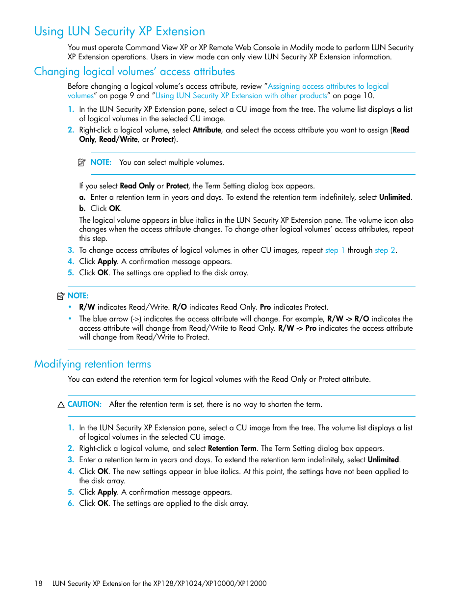 Using lun security xp extension, Changing logical volumes’ access attributes, Modifying retention terms | HP StorageWorks XP Remote Web Console Software User Manual | Page 18 / 28