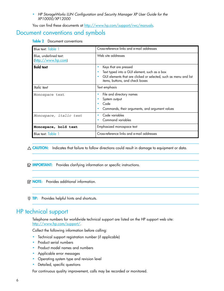 Document conventions and symbols, Table 2 document conventions, Hp technical support | 2 document conventions | HP StorageWorks XP Remote Web Console Software User Manual | Page 6 / 28