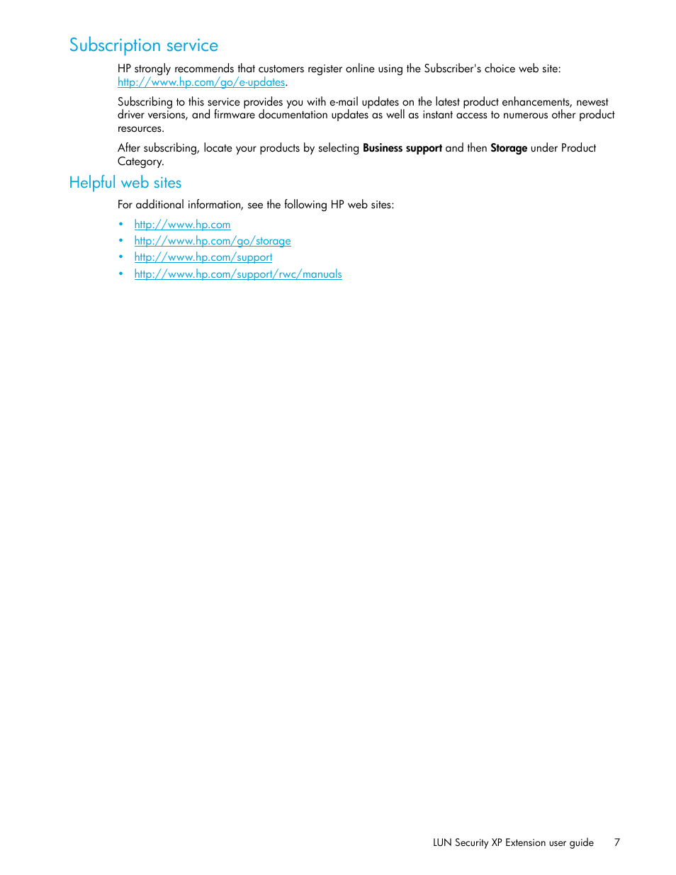 Subscription service, Helpful web sites | HP StorageWorks XP Remote Web Console Software User Manual | Page 7 / 28
